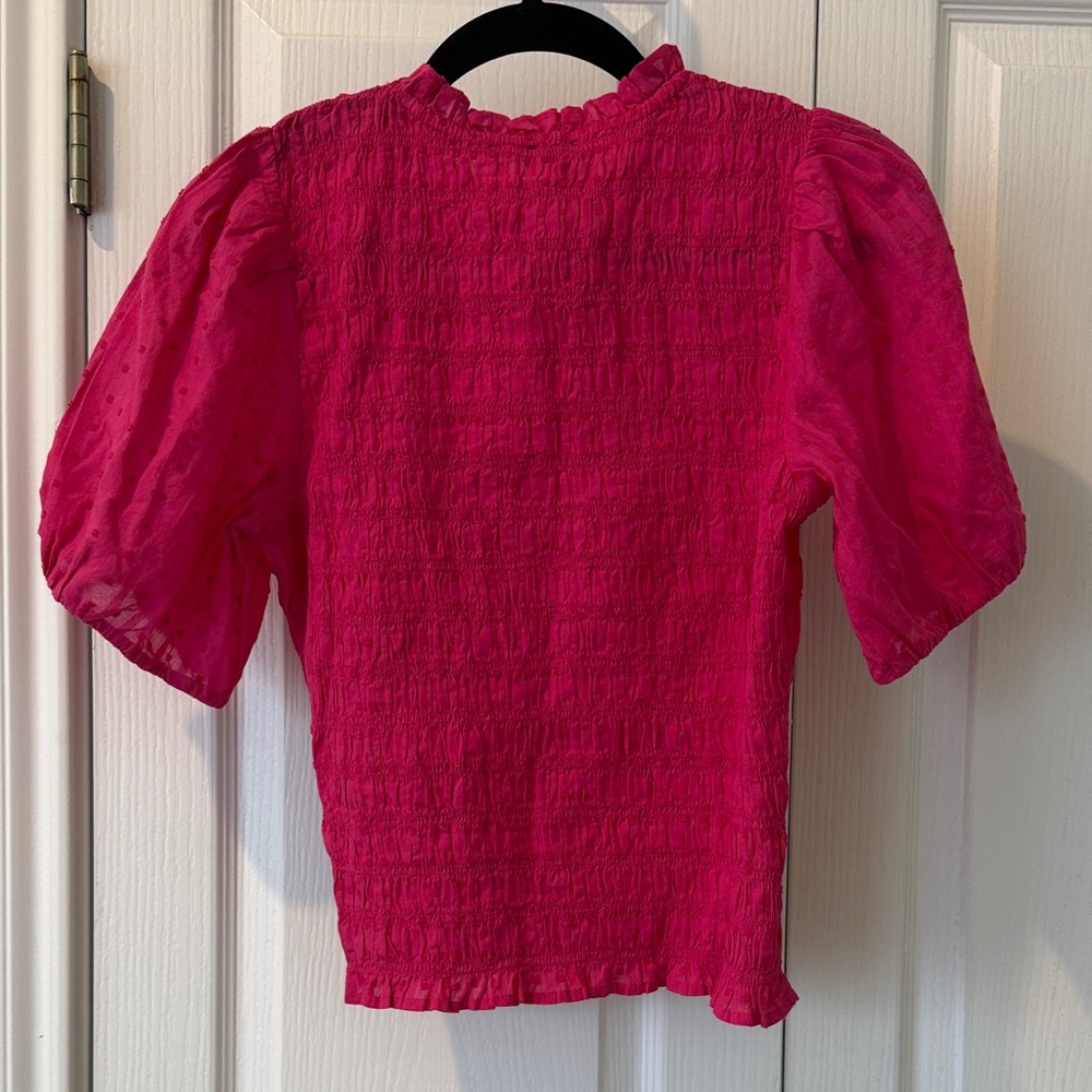 J. Crew Hot Pink Textured Dot Puff-Sleeve Smocked Top - Picture 6 of 6